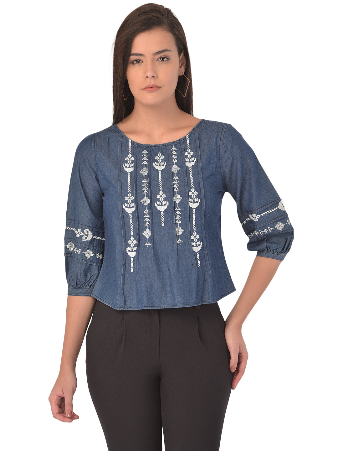Blue 3/4 Sleeve Embroidered Blouse