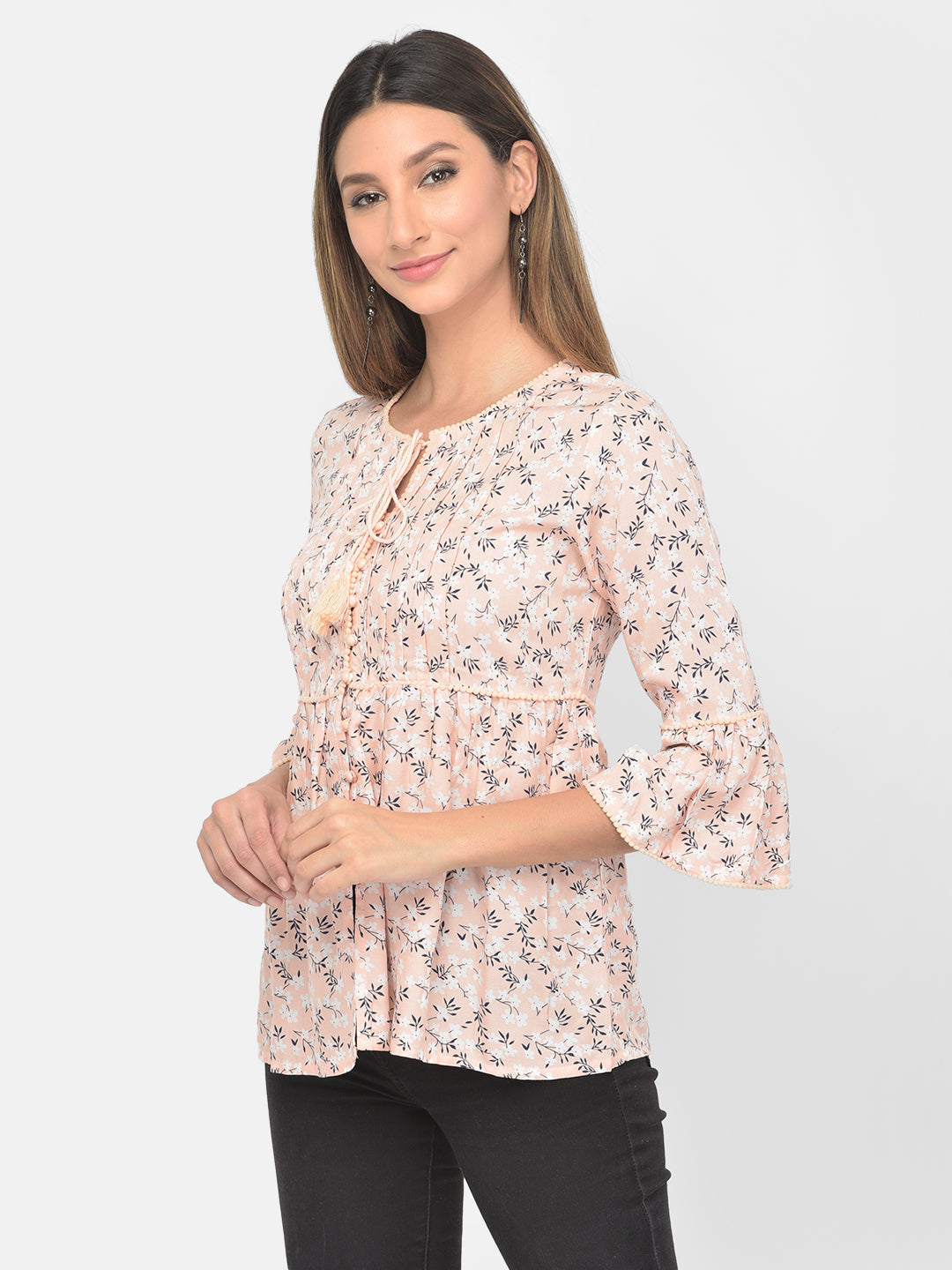 Peach 3/4 Sleeve With Printed Blouse