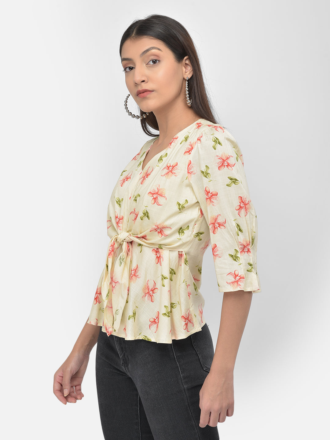 Beige Half Sleeve Knotted Blouse