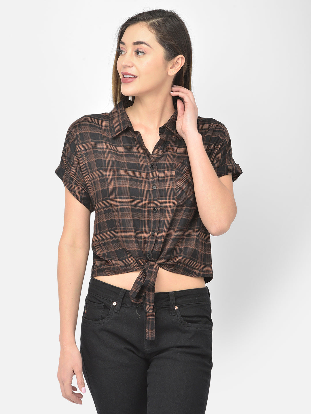 Brown Cap Sleeve Crop Top