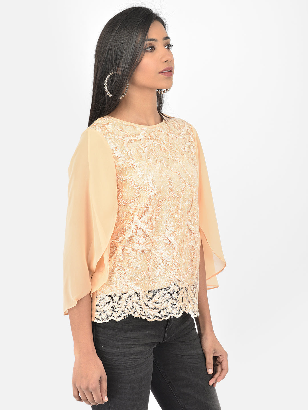 Peach 3/4 Sleeve Blouse With Sequence