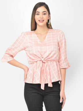 Peach Half Sleeve Check Blouse