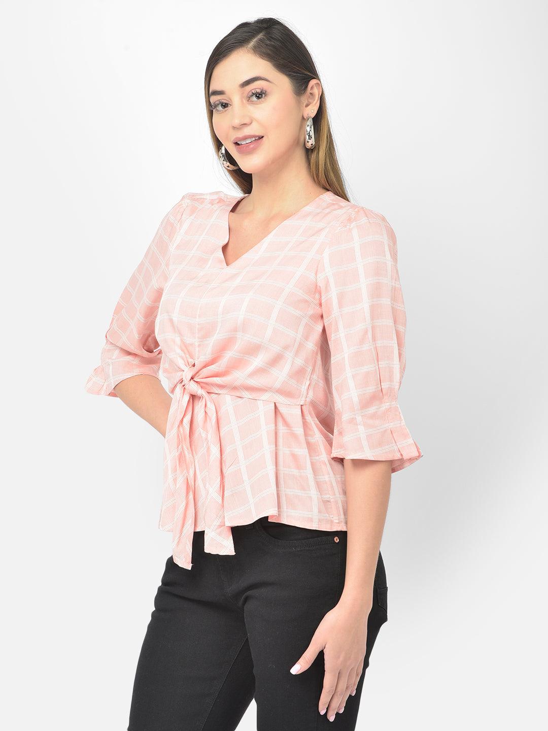 Peach Half Sleeve Check Blouse