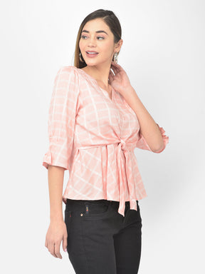 Peach Half Sleeve Check Blouse