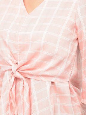 Peach Half Sleeve Check Blouse