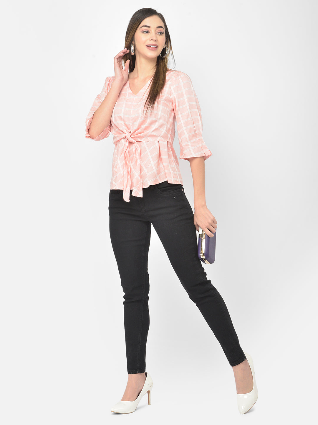 Peach Half Sleeve Check Blouse