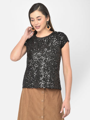 Black Cap Sleeve Sequin Blouse