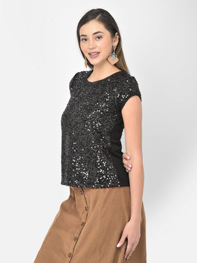 Black Cap Sleeve Sequin Blouse