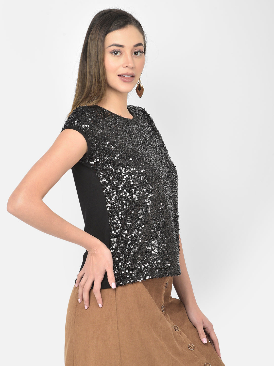 Black Cap Sleeve Sequin Blouse