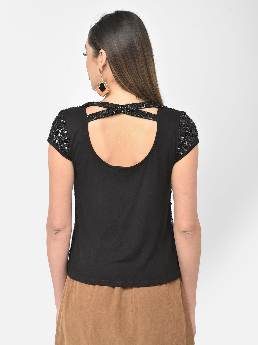 Black Cap Sleeve Sequin Blouse