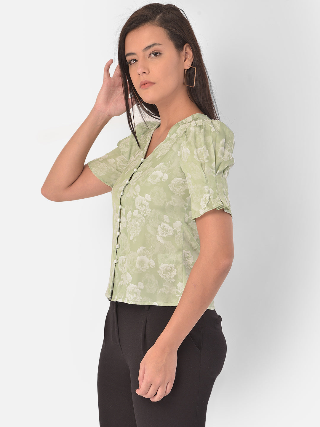 Green Short Sleeve Solid Polyester Blouse