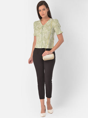 Green Short Sleeve Solid Polyester Blouse