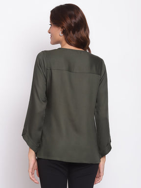 Green 3/4 Sleeve Shirt With Ruffles
