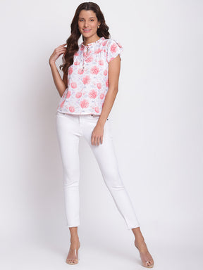 Pink Cap Sleeve Blouse With Ruffles