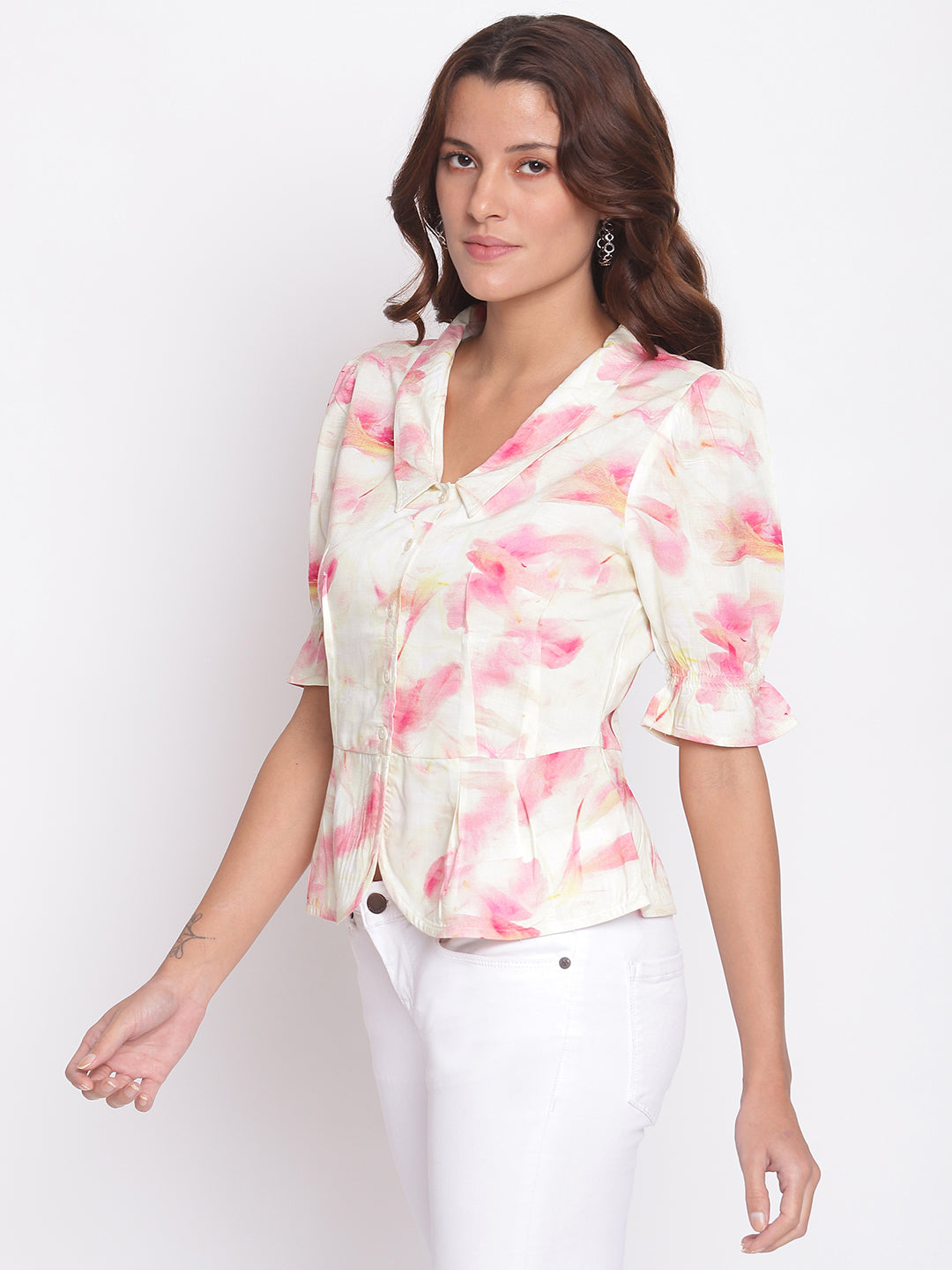 Pink Half Sleeve Blouse With Pleat