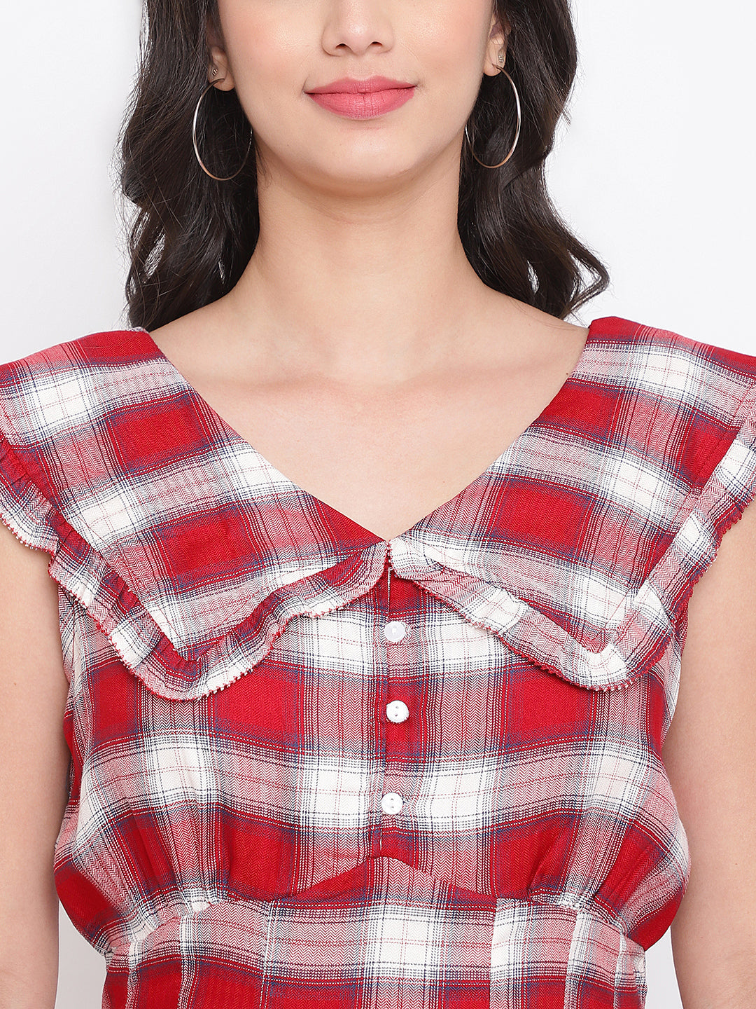 Red Half Sleeve Blouse With Ruffles
