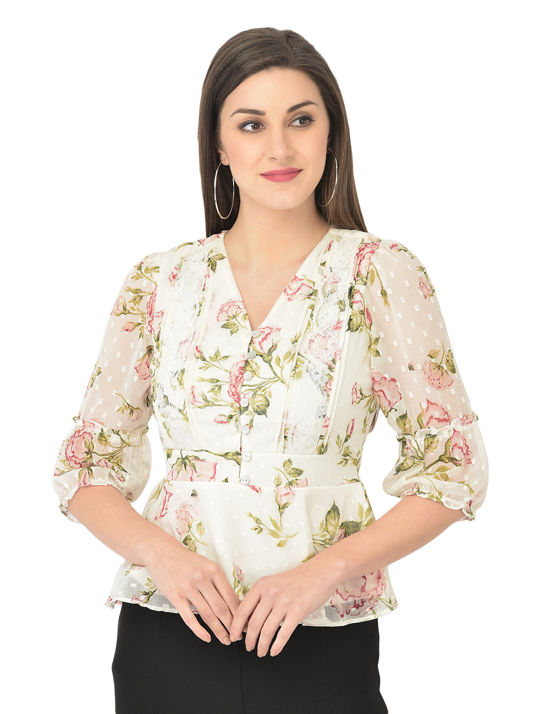 Ivory Floral 3/4 Sleeve Blouse