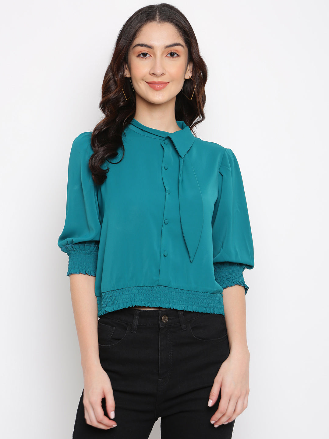 Teal 3/4 Sleeve Solid Blouse