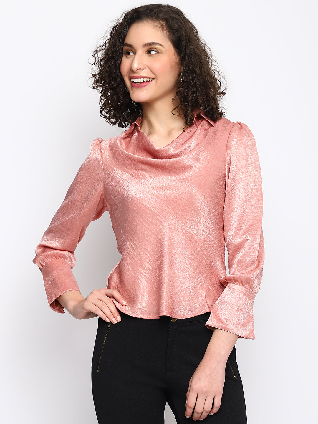 Pink Full Sleeve Solid Polyester Blouse