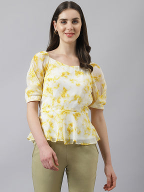 Yellow Printed Peplum Top With Puffer Sleeves