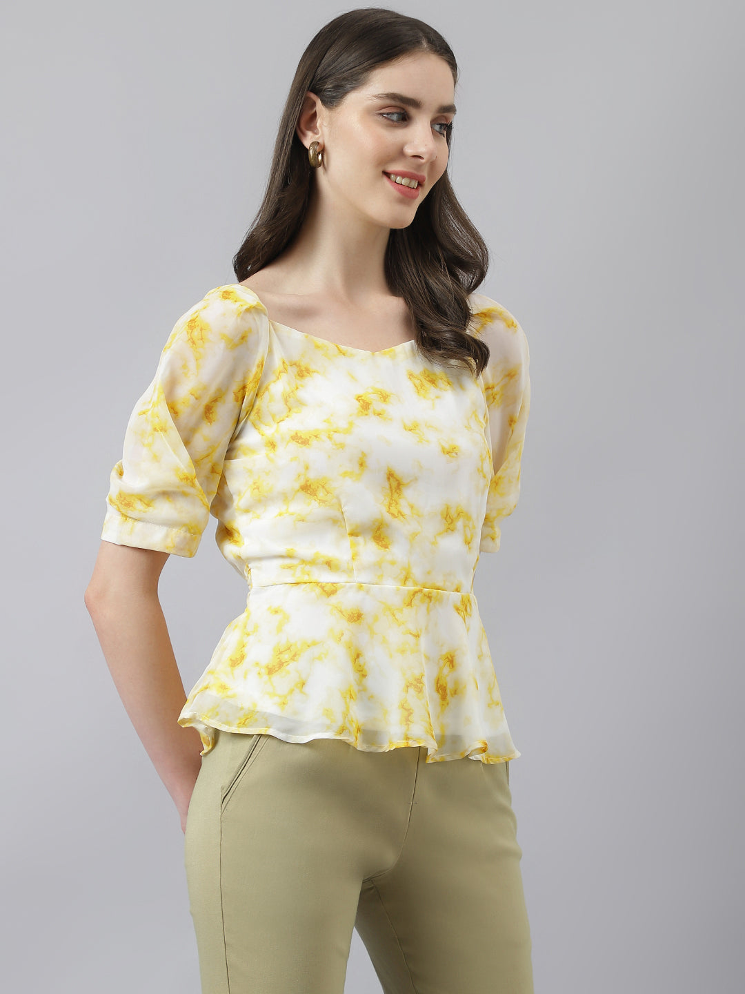 Yellow Printed Peplum Top With Puffer Sleeves