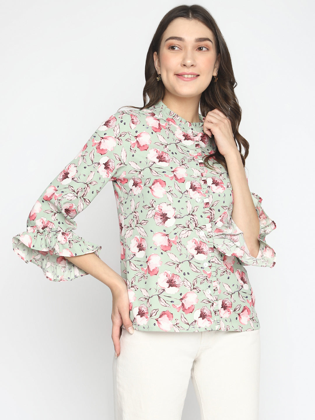 Green 3/4 Sleeve Printed Regular Blouse With Ruffles