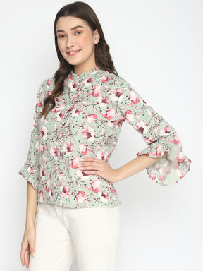 Green 3/4 Sleeve Printed Regular Blouse With Ruffles