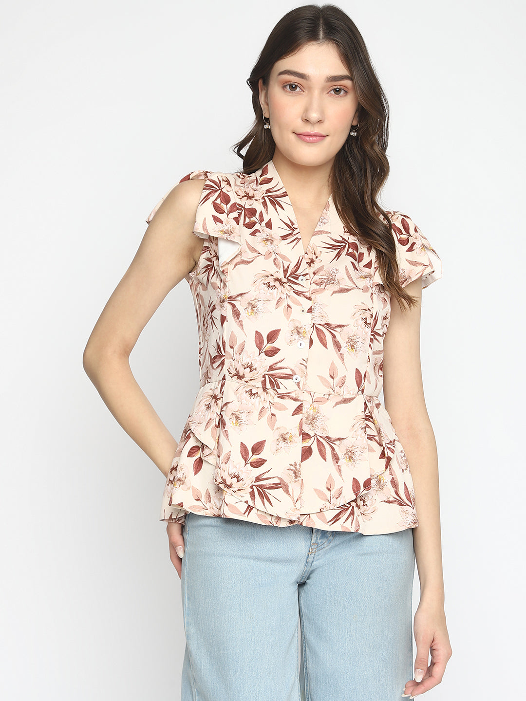 Brown Cap Sleeve Printed Regular Blouse With Ruffles