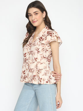 Brown Cap Sleeve Printed Regular Blouse With Ruffles