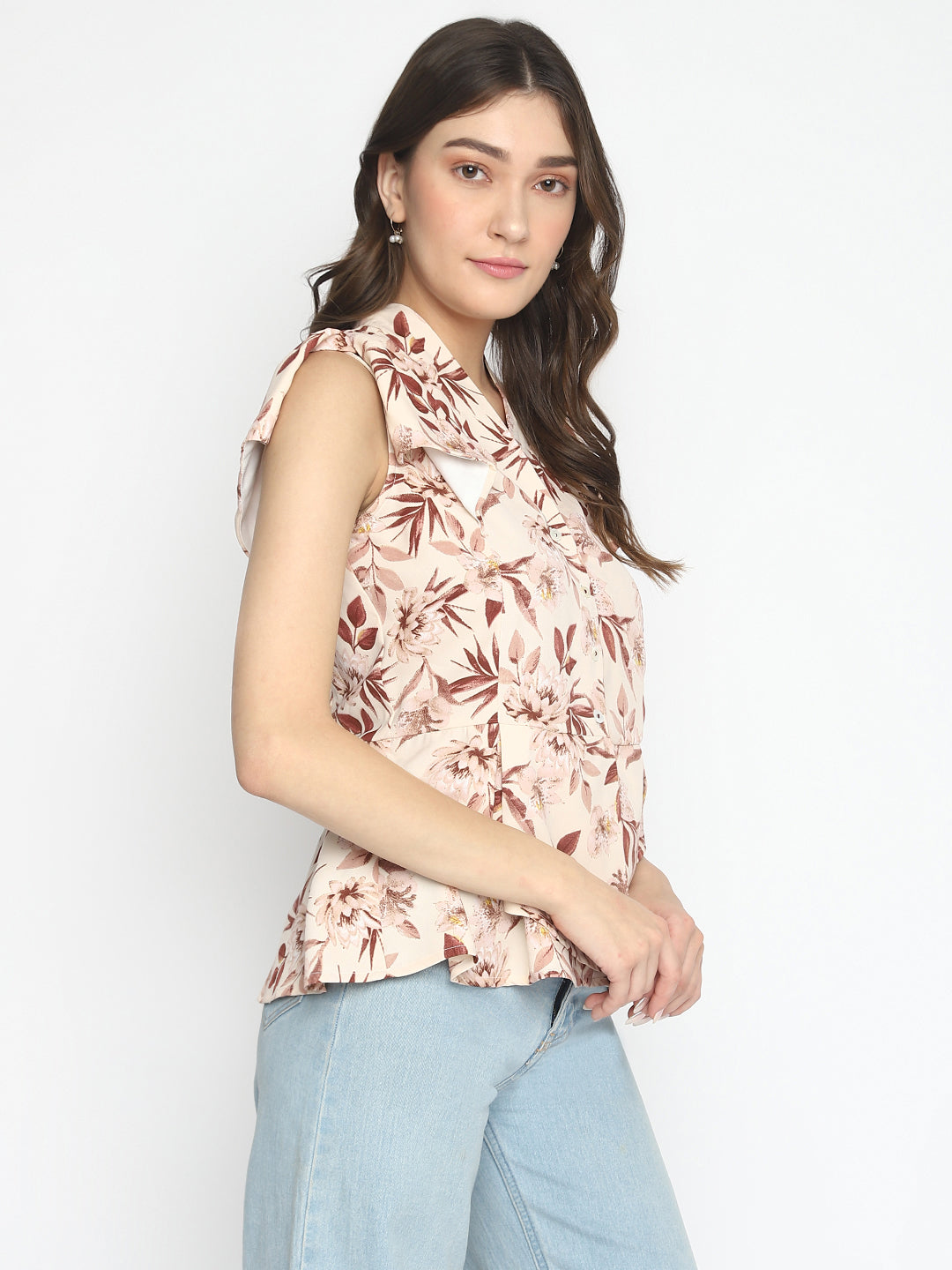 Brown Cap Sleeve Printed Regular Blouse With Ruffles