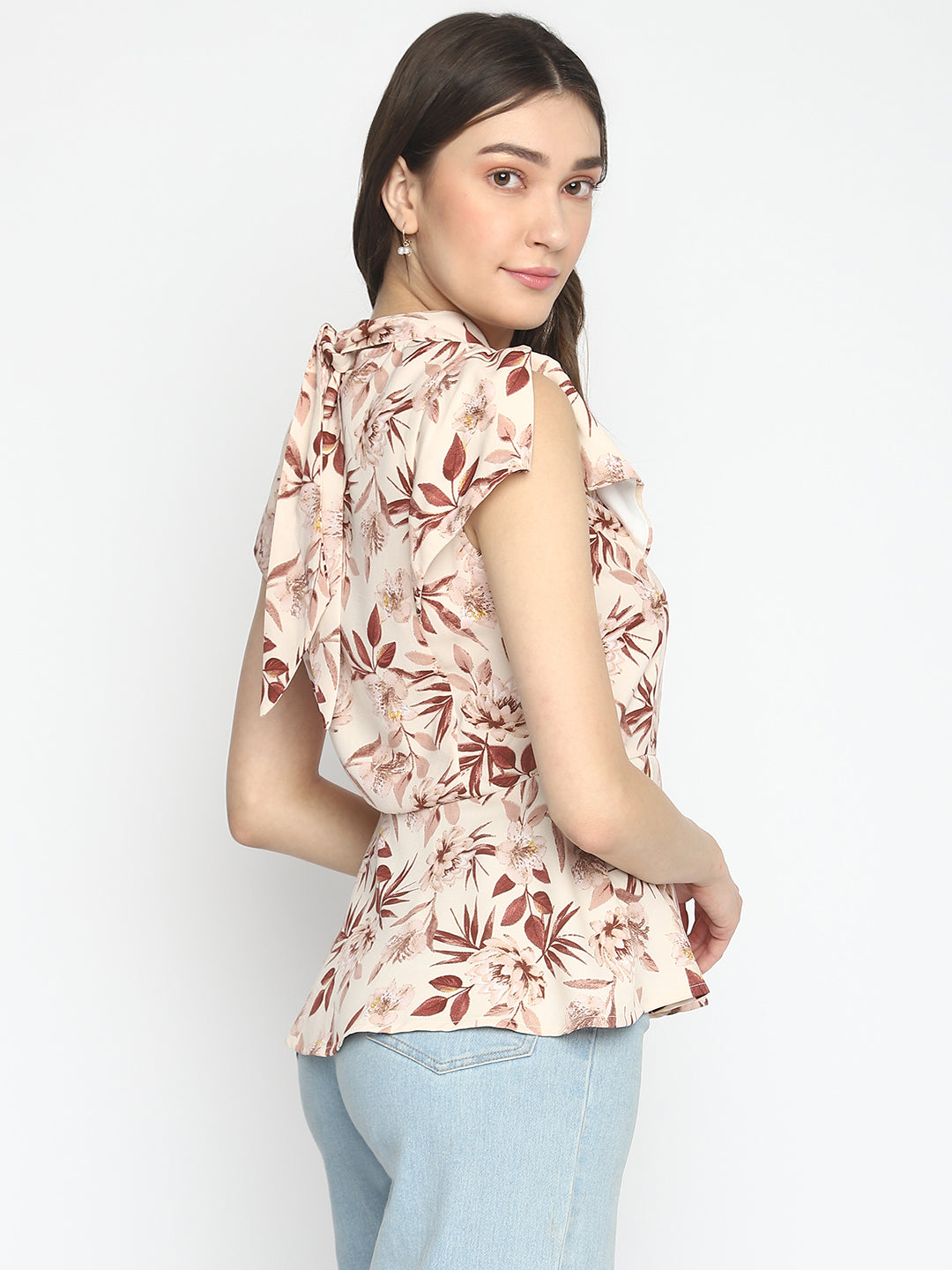 Brown Cap Sleeve Printed Regular Blouse With Ruffles