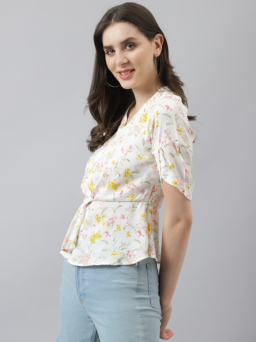 Ivory Floral Print Peplum Top With Puffer Sleeves & V Neckline