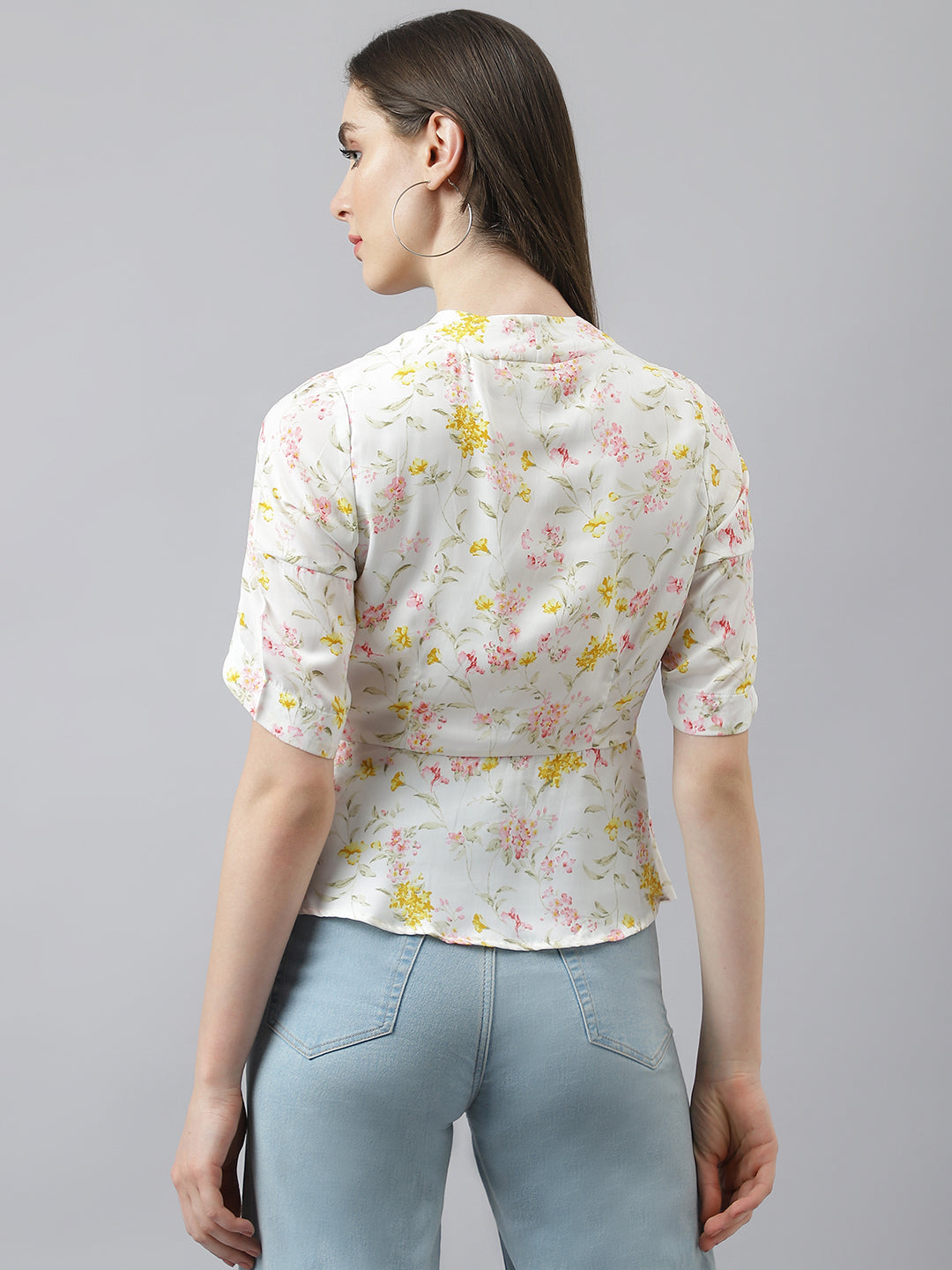 Ivory Floral Print Peplum Top With Puffer Sleeves & V Neckline