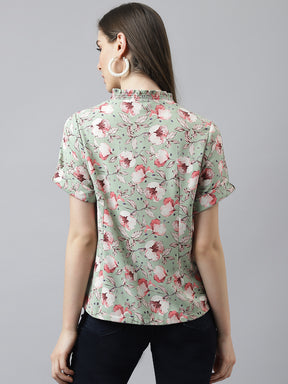 Green V Neck Floral Printed Top