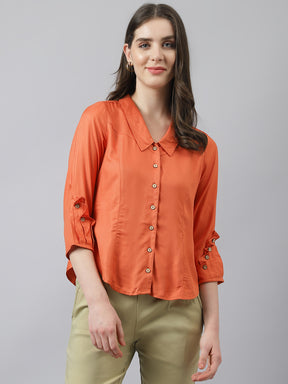 Orange Solid Shirt Top With Detailed Sleeves & Collered Neck