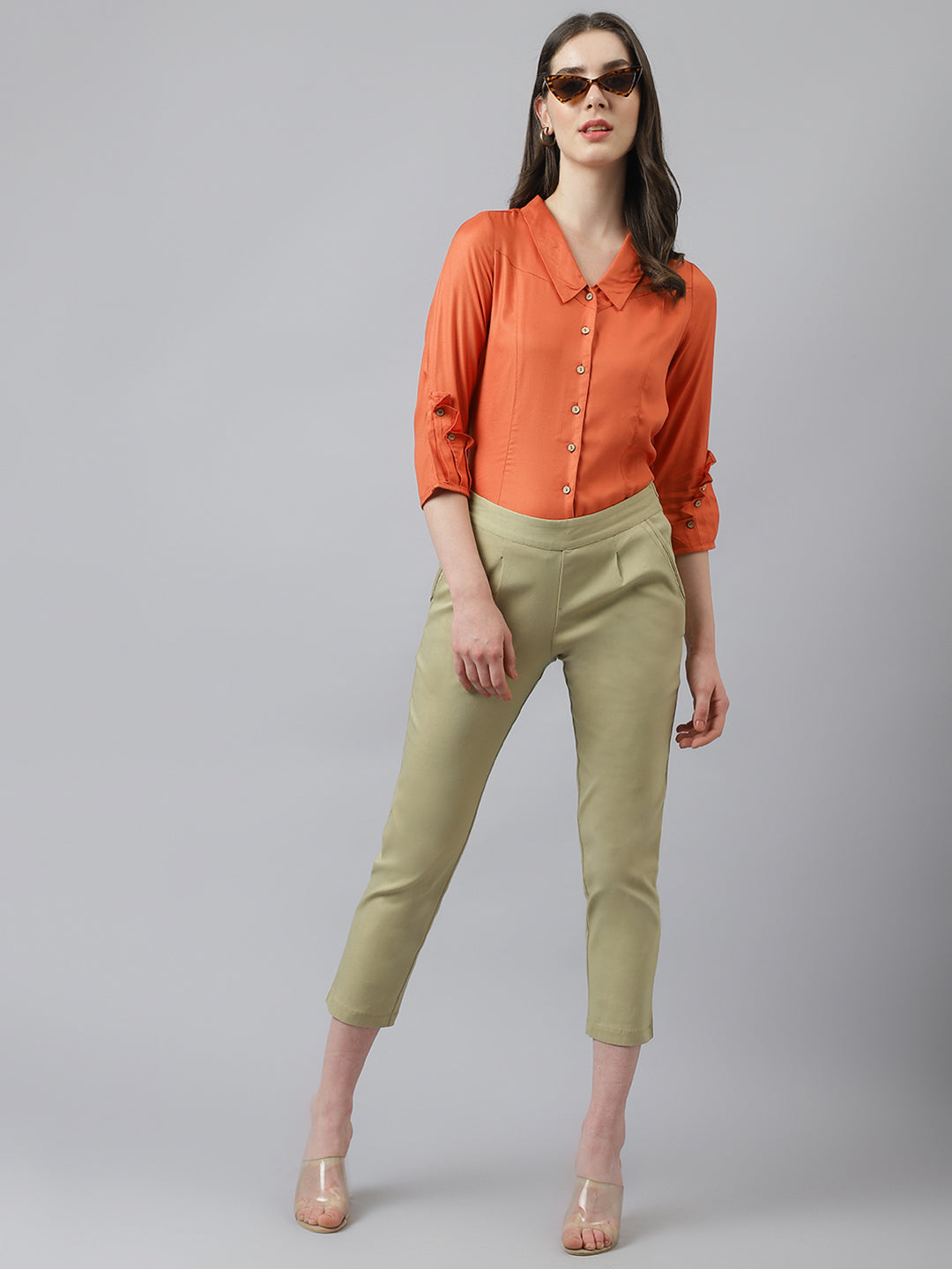 Orange Solid Shirt Top With Detailed Sleeves & Collered Neck
