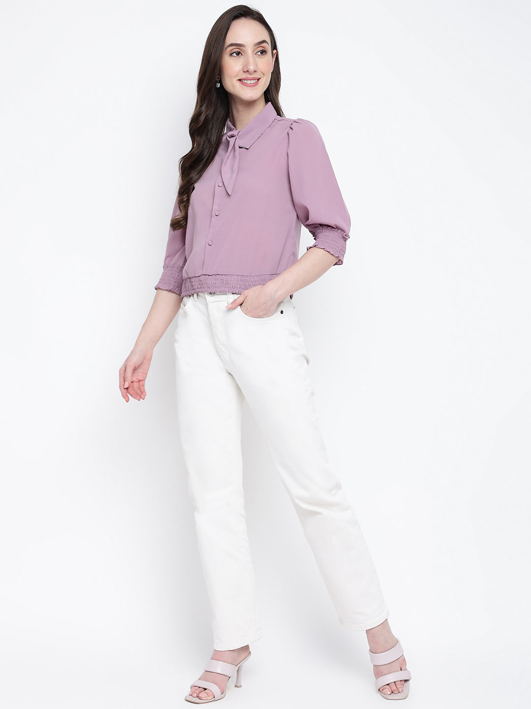 Lilac 3/4 Sleeve Solid Blouse Blouse