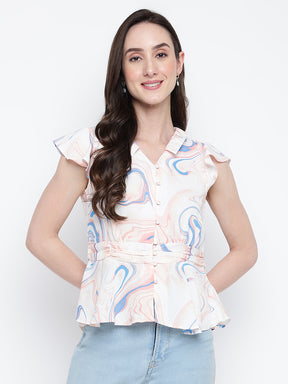 Peach Cap Sleeves Printed Blouse Blouse