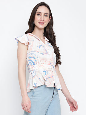 Peach Cap Sleeves Printed Blouse Blouse