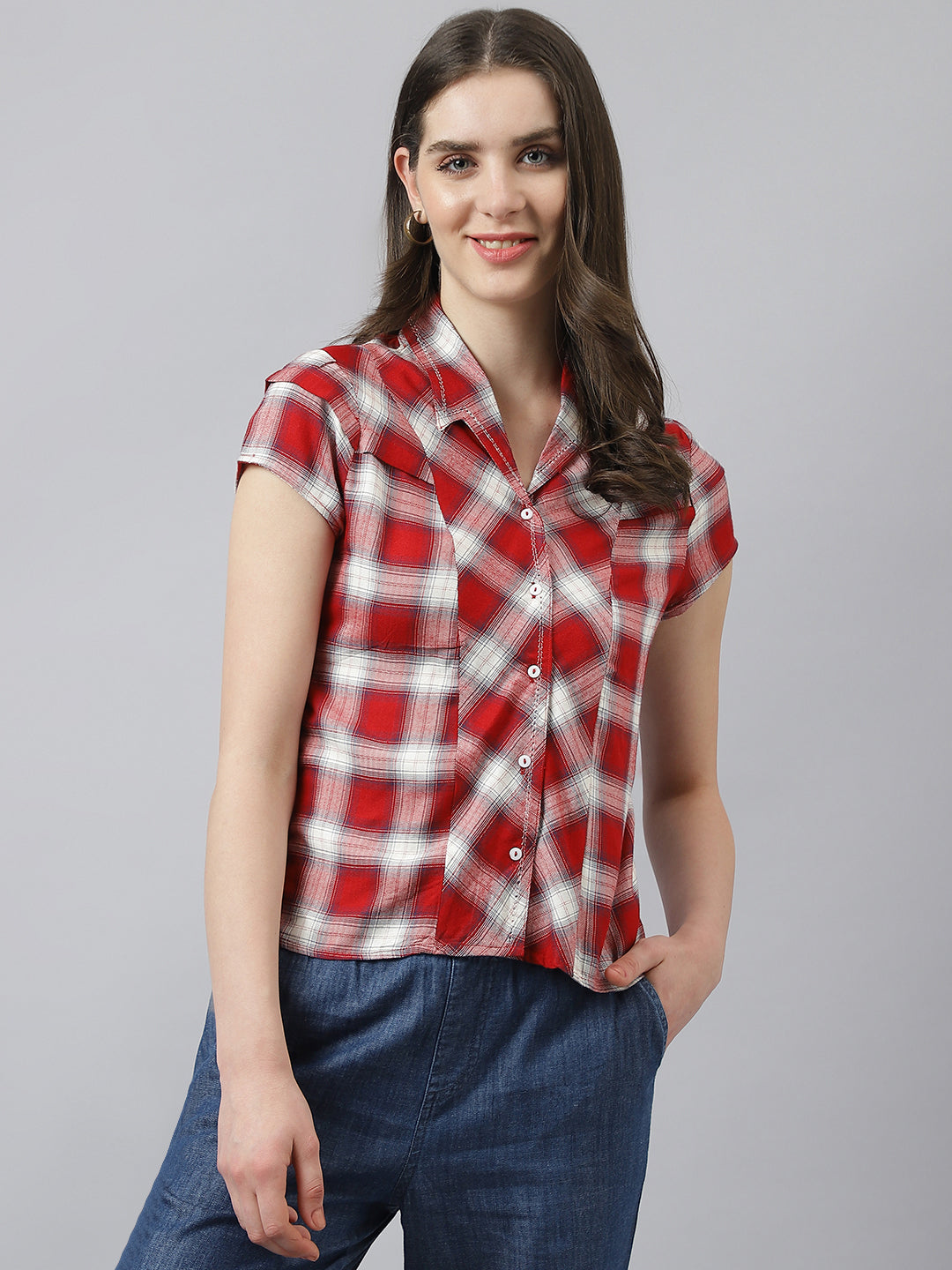 Red Check Shirt Top With Short Sleeves & Collered Neck