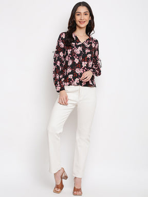 Black Full Sleeve Printed Polyester Blouse