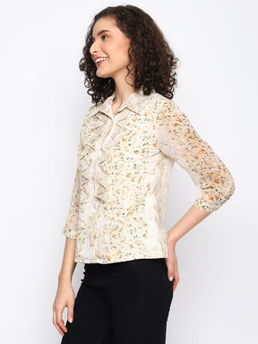 Beige 3/4 Sleeve Printed Polyester Blouse