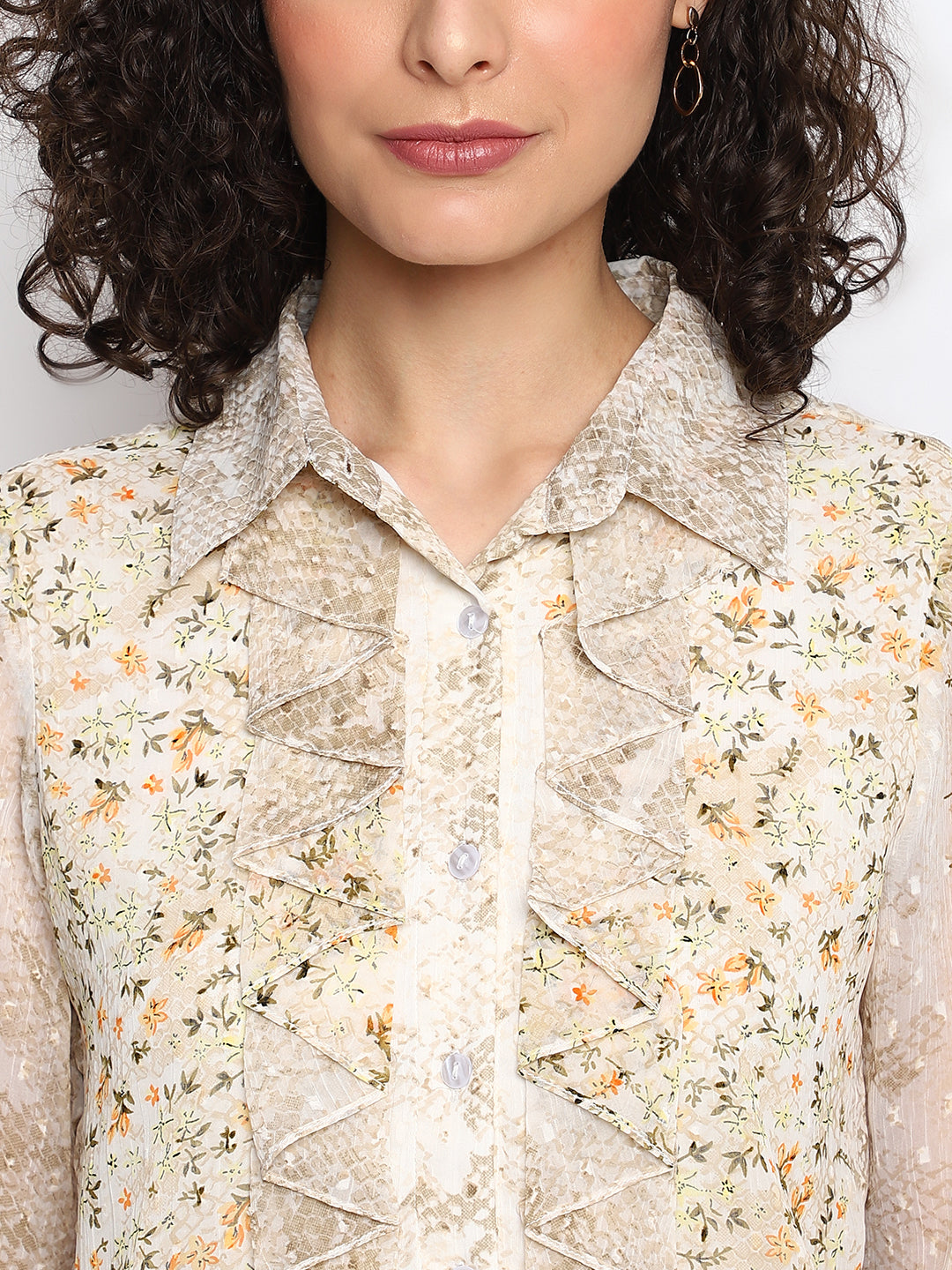 Beige 3/4 Sleeve Printed Polyester Blouse