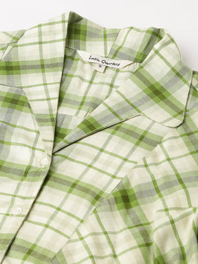 Green Check Shirt Top With Short Puffer Sleeves & Collered Neck