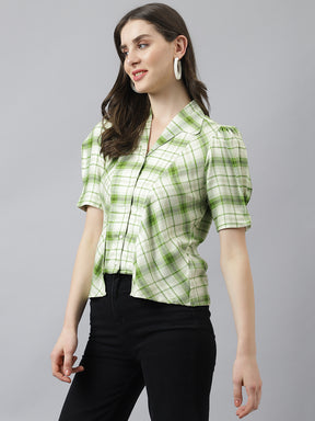 Green Check Shirt Top With Short Puffer Sleeves & Collered Neck