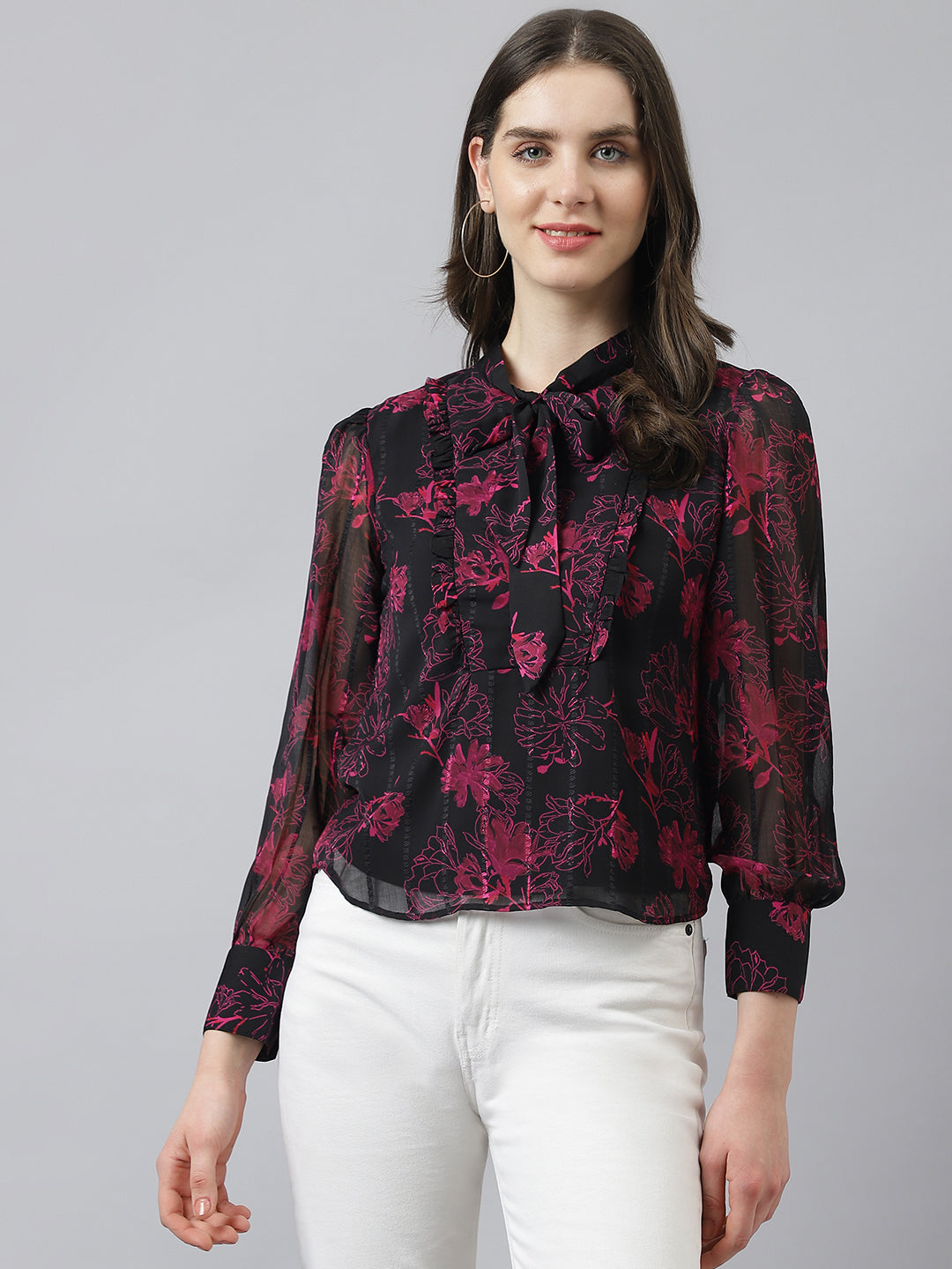 Black Flower Print Shirt Top With Knotted Neckline