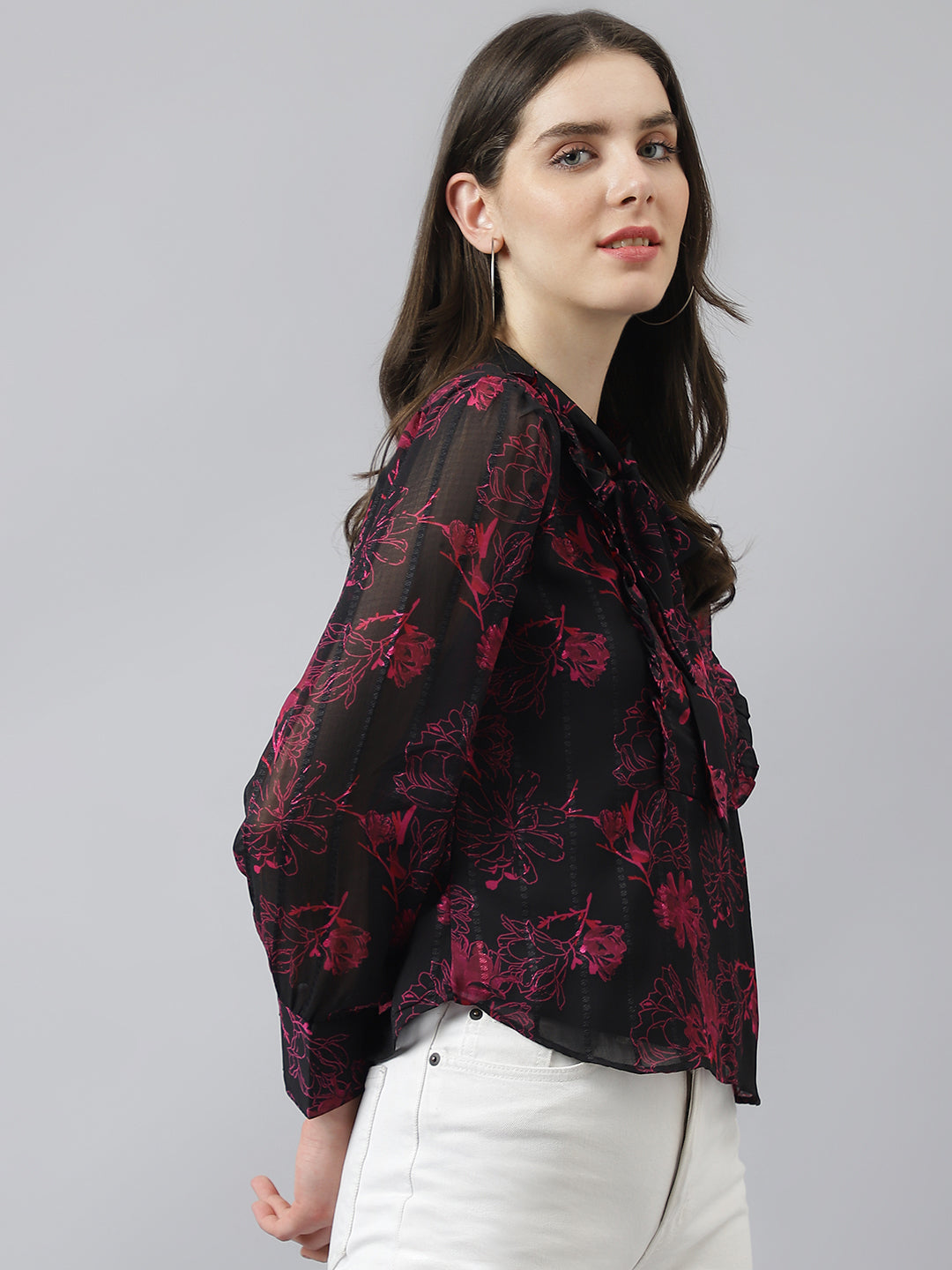 Black Flower Print Shirt Top With Knotted Neckline