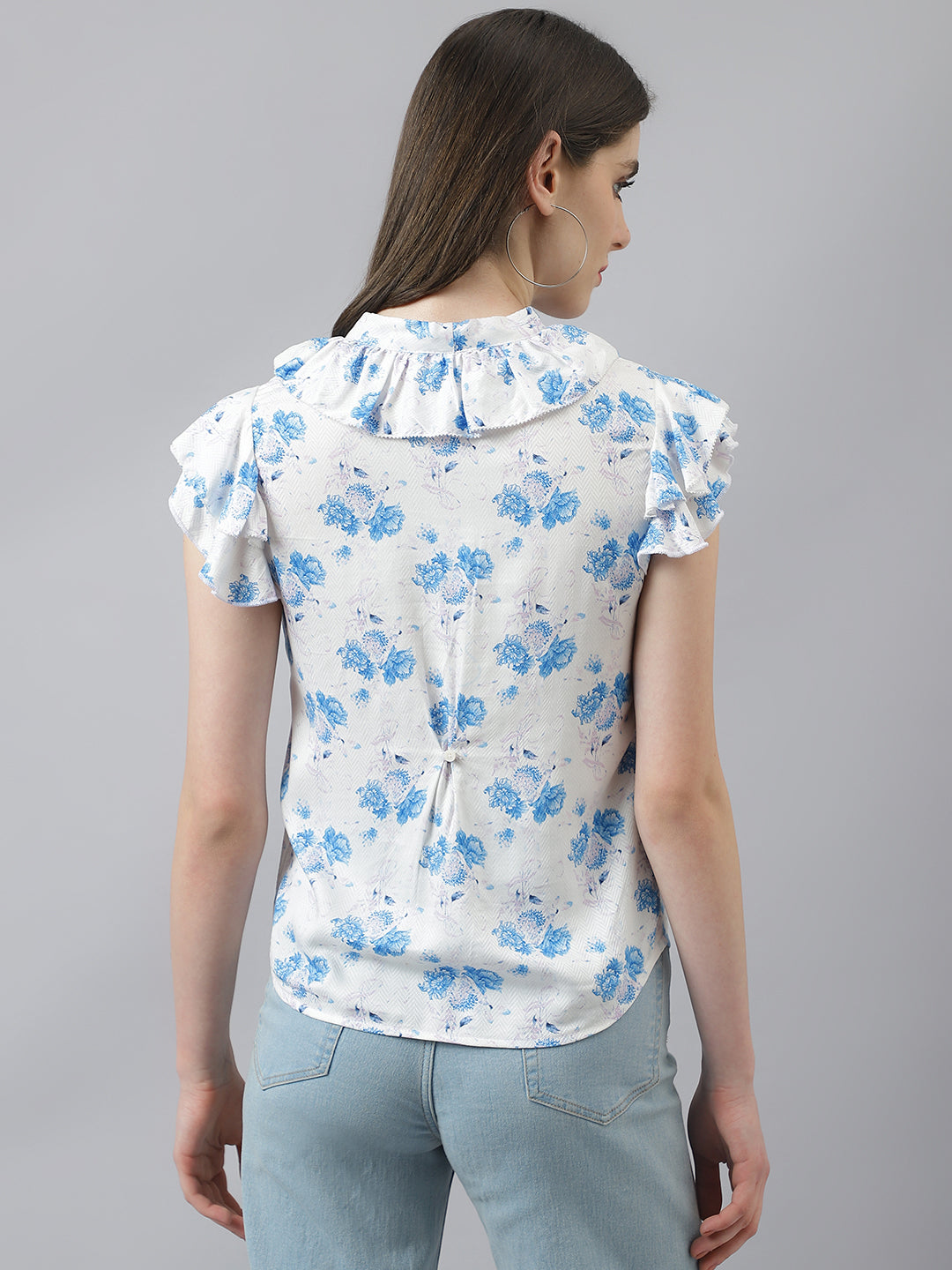 Blue Floral Print Top With Ruffles & Front Knot