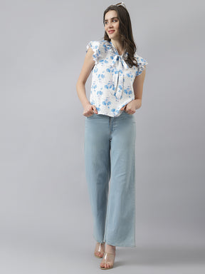 Blue Floral Print Top With Ruffles & Front Knot