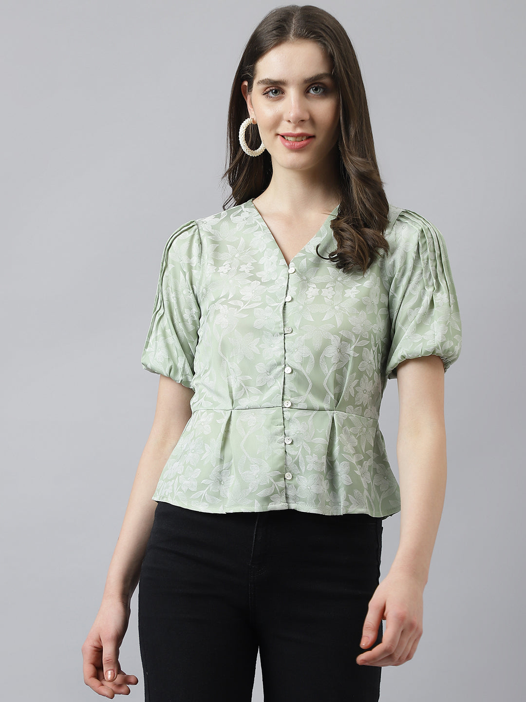 Green Flower Print Peplum Top With Front Buttons & Puffer Sleeves
